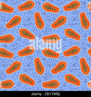 Seamless pattern with cut raw papaya on blue background. Hand drawn exotic fruit. Vector illustration. Stock Vector