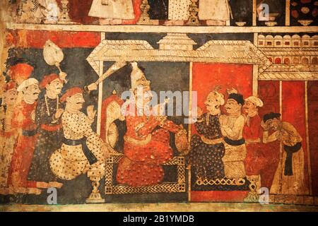 Colourful mythological paintings on the inner wall of Jain Mutt, Shravanabelagola, Karnataka, India Stock Photo