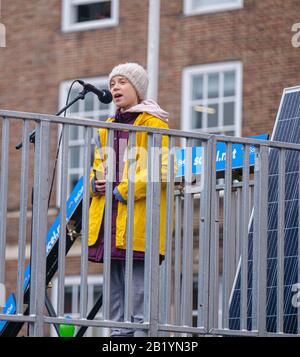 Greta Thunberg speaking at the Bristol Youth Strike 4 Climate demonstration at College Green, Bristol - on 28 February 2020 Stock Photo