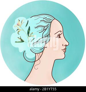 Spring illustration of Female Profile, face of a beautiful girl with flowers in hair on a blue round background. Icon, logo, avatar, flat picture for Stock Photo