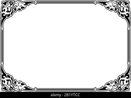 horizontal black and white stencil square Traditional vintage floral design border frame, decorative, invitation card, sign printing Stock Vector