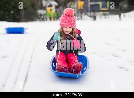 Emmie Fielden, 5, plays on her sledge snowy conditions in the Pavilion Gardens, Buxton, Derbyshire, as further snow hits the UK. Stock Photo