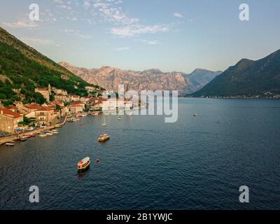 Aerial view of Perast is an old town on the Bay of Kotor in Montenegro. It is close to the islets of St. George and Our Lady of the Rocks Stock Photo