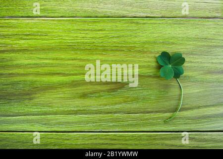 Leave clover on green wooden background. Greeting happy Four leaf clover. Luck concept. Patrick day symbol. Stock Photo