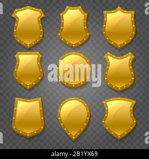 Gold shield shape emblem set. 3D golden emblem signs isolated on transparent background. Symbol of security, power, protection. Vector illustration Stock Vector