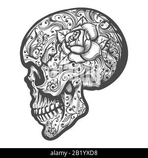 Sugar Skull drawn in tattoo style. Side view. Vector illustration. Stock Vector