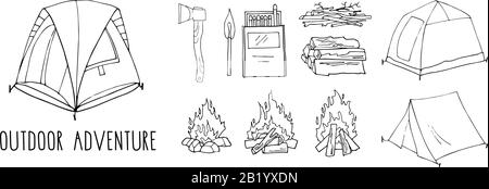 Set of hand drawn objects isolated on white. Backpacking. Hiking and camping tourist tent, campfire, brushwood, firewood, axe, matches vector Stock Vector