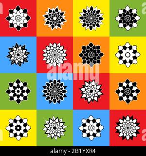 A set of sixteen abstract black and white flowers on colored squares Stock Vector