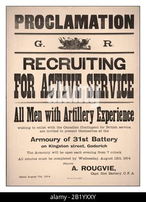 Vintage WW1 Canadian Recruiting Recruitment Poster Proclamation  G.R. recruiting for active service all men with artillery experience 1914-1918 Canada. Canadian Army. Canadian Field Artillery. Armoury of 31st Battery, 1914, World War 1 First World War The Great War Canada. Canadian Army--Recruiting, enlistment, World War 1. 1914-1918 Stock Photo