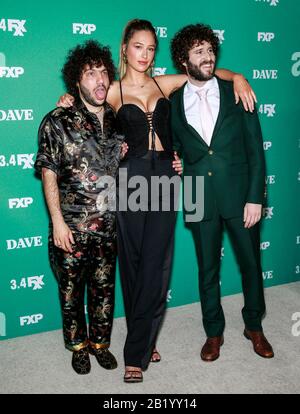 Los Angeles, CA - Feb 27, 2020: Benny Blanco, Elsie Hewitt and Dave Burd attend the premiere of FXX's 'Dave' at Directors Guild Of America Stock Photo