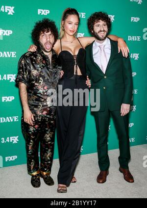 Los Angeles, CA - Feb 27, 2020: Benny Blanco, Elsie Hewitt and Dave Burd attend the premiere of FXX's 'Dave' at Directors Guild Of America Stock Photo