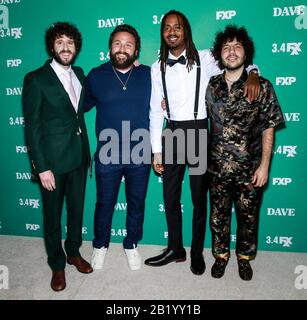 Los Angeles, CA - Feb 27, 2020: Dave Burd, Mike Hertz, Gata and Benny Blanco attend the premiere of FXX's 'Dave' at Directors Guild Of America Stock Photo