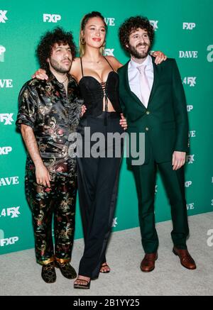 Los Angeles, CA - Feb 27, 2020: Benny Blanco, Elsie Hewitt and Dave Burd attend the premiere of FXX's 'Dave' at Directors Guild Of America Stock Photo