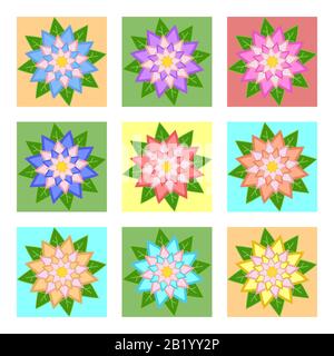 A set of beautiful colorful flowers on blue, yellow, green, orange squares. Isolated on white background. Nine options. Suitable for design. Stock Vector