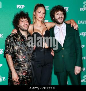 Los Angeles, CA - Feb 27, 2020: Benny Blanco, Elsie Hewitt and Dave Burd attend the premiere of FXX's 'Dave' at Directors Guild Of America Stock Photo