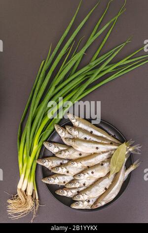 Raw sea fish smelt, sardines, anchovies, capelin with the scent of fresh cucumber ready for cooking. Healthy seafood concept. On black plate, spice, g Stock Photo
