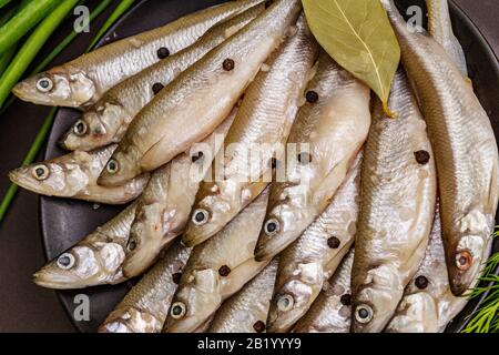 Raw sea fish smelt, sardines, anchovies, capelin with the scent of fresh cucumber ready for cooking. Healthy seafood concept. On black plate, spice, g Stock Photo