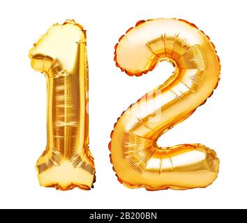 Number 12 birthday celebration gold balloon with presents. 3D Render ...