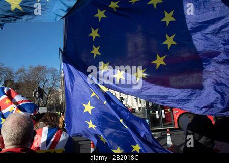 Anti Brexit protesters with European Union flags protest as Prime Ministers questions is due to start in Westminster outside Parliament on 29th January 2020 in London, England, United Kingdom. With only two days until the UK is due to leave the EU, these will be some of the last protests with the UK as a European nation.
