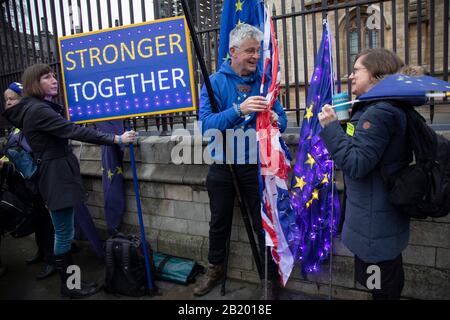 Anti Brexit remainer protesters with lit up flags and a stronger together message outside Parliament in Westminster on the day before the UK leaves the European Union on 30th January 2020 in London, England, United Kingdom. With a majority Conservative government in power and Brexit day looming, the role of these protesters is now to demonstrate in the hope of the softest Brexit deal possible. On this last day of protesting before the UK leaves the EU, there was an atmosphere of celebration and solidarity and congratulation for all the time the demonstrators have put in. Stock Photo