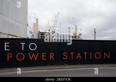 Redevelopment of Battersea Power Station and its surroundings on 4th February 2020 in London, England, United Kingdom. Battersea Power Station is a decommissioned coal-fired power station located on the south bank of the River Thames, in Nine Elms, Battersea, an inner-city district of South West London. Now a well advanced construction site and under development, the site will become both residential and commercial. Stock Photo