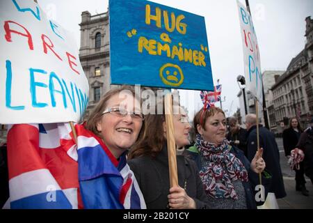Pro Brexit Leave supporters with one Remainer gather in Westminster on Brexit Day as the UK prepares to leave the European Union on 31st January 2020 in London, England, United Kingdom. At 11pm on Friday 31st January 2020, The UK and N. Ireland will officially leave the EU and go into a state of negotiations as to the future arrangement and trade agreement, while adhering to EU rules until the end of 2020. Stock Photo