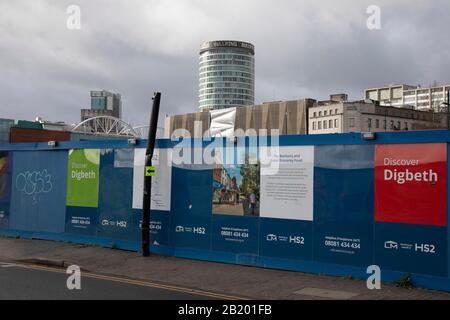 Construction site for the HS2 mainline station at Curzon Street looking towards the iconic Rotunda on 13th February 2020 in Birmingham, England, United Kingdom. The Curzon Street Masterplan covers a 141 hectare area of regeneration, focussed on HS2 Curzon Street station in Birmingham city centre, combined with approximately 700 million in investment into the surrounding area including new homes and commercial developments. High Speed 2 is a partly planned high speed railway in the United Kingdom with its first phase in the early stages of construction, the second phase is yet to receive full a Stock Photo