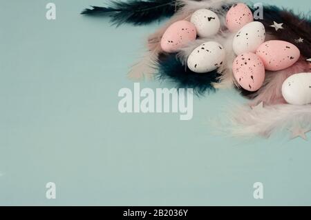 Flat lay quail easter eggs with dark blue, pink feather on blue backdrop, silver stars. Place for text. Greeting card design. Stock Photo