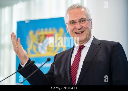 Munich, Germany. 28th Feb, 2020. Joachim Herrmann (CSU), Minister of the Interior of Bavaria, speaks in the Bavarian State Chancellery after a meeting of the Cabinet Committee on the spread of the coronavirus. Credit: Matthias Balk/dpa/Alamy Live News Stock Photo