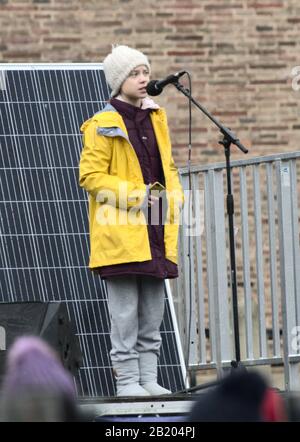 Greta Thunberg speaking at the Youth Strike 4 Climate Bristol event on College Green, Bristol Stock Photo