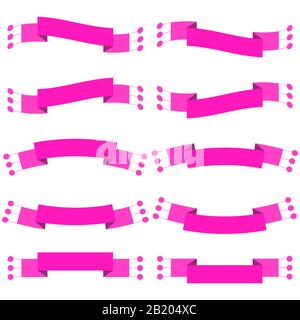 Set of 10 flat pink isolated ribbon banners. Suitable for design. Stock Vector