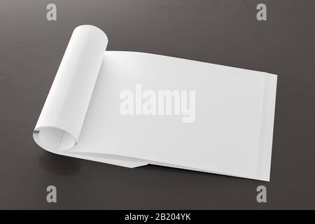 Blank horizontal right magazine page. Workspace with folded magazine mock up on black desk. Side view Stock Photo