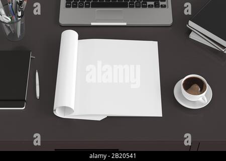 Blank square right magazine page. Workspace with folded magazine mock up on black desk with cup of coffee. Side view Stock Photo