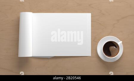 Blank horizontal right magazine page. Workspace with folded magazine mock up on wooden desk with cup of coffee. View above Stock Photo