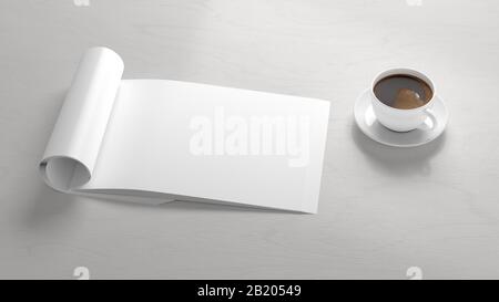 Blank horizontal right magazine page. Workspace with folded magazine mock up on white desk with cup of coffee. Side view Stock Photo