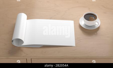 Blank horizontal right magazine page. Workspace with folded magazine mock up on wooden desk with cup of coffee. Side view Stock Photo