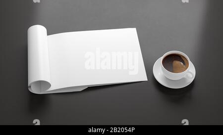 Blank horizontal right magazine page. Workspace with folded magazine mock up on black desk with cup of coffee. Side view Stock Photo