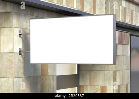 Horizontal singboard or signage on the marble wall with blank white sign mock up. Side view Stock Photo