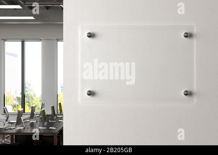 Blank horizontal transparent glass sign plate on the white wall in office. Name plate mock up. Front view Stock Photo