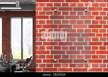 Blank vertical transparent glass sign plate on the red brick wall in office. Name plate mock up. Front view Stock Photo