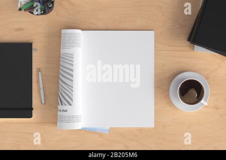 Blank magazine page. Workspace with magazine mock up on the wooden desk with cup of coffee. Directly above view Stock Photo
