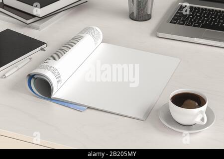 Blank magazine page. Workspace with magazine mock up on the white desk with cup of coffee. Side view Stock Photo