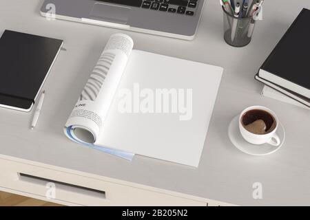 Blank magazine page. Workspace with magazine mock up on the white desk with cup of coffee. Side view Stock Photo