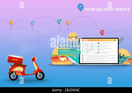Concept of food delivery service, Scooter is on the front. The display of laptop contain map, GPS and customer rating and reviews. Stock Vector