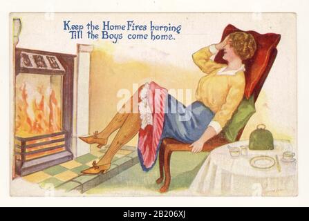 Early 1900's WW1 era saucy sweetheart postcard of a lady waiting by the fire in a suggestive pose for her boyfriend, posted in July 1916 from Maidenhead, Berkshire, England, U.K. The postcard was sent by a new recruit on arrival at his training camp to his girlfriend back in Kent. Stock Photo