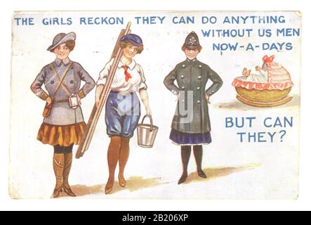 Early 1900's British comic WW1 era postcard  posted on 31 July 1918. The postcard reads 'The Girls reckon they can do anything without us men now-a-days - But can they?' Women undertook men's roles during the 'Great War' here they were employed as bus conductors, window cleaners and in the police. U.K.