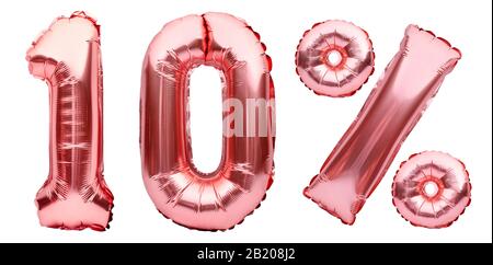 Rose golden ten percent sign made of inflatable balloons isolated on white. Helium balloons, pink foil numbers. Sale decoration, black friday, discoun Stock Photo