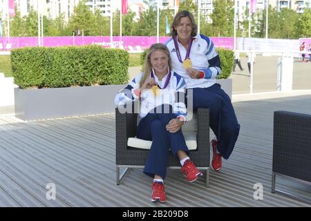 OLYMPIC VILLAGE. Stratford, East London, Great Britain,  Description: GB Rowings  Women's Double Scull: Gold Medalist  Right: Katherine GRAINGER and sitting Anna WATKINS  2012 GB Rowing Medal Winners.  .   09:18:29  Saturday  11/08/2012 [Mandatory Credit: Peter Spurrier/Intersport Images] Stock Photo