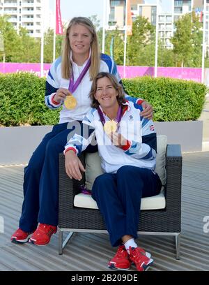 OLYMPIC VILLAGE. Stratford, East London, Great Britain,  Description: GB Rowings  Women's Double Scull: Gold Medalist  sitting Katherine GRAINGER and left, Anna WATKINS  2012 GB Rowing Medal Winners.  .   09:18:29  Saturday  11/08/2012 [Mandatory Credit: Peter Spurrier/Intersport Images] Stock Photo