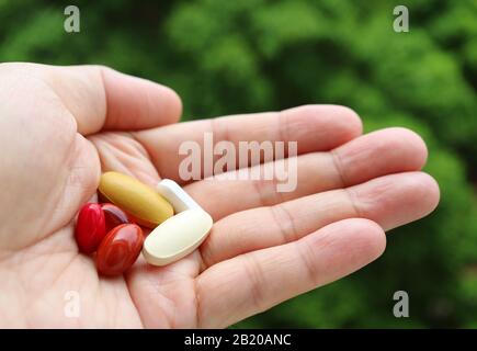 Man's Hand Holding Assorted Supplement Pills Against Blurry Green Foliage with Copy Space Stock Photo